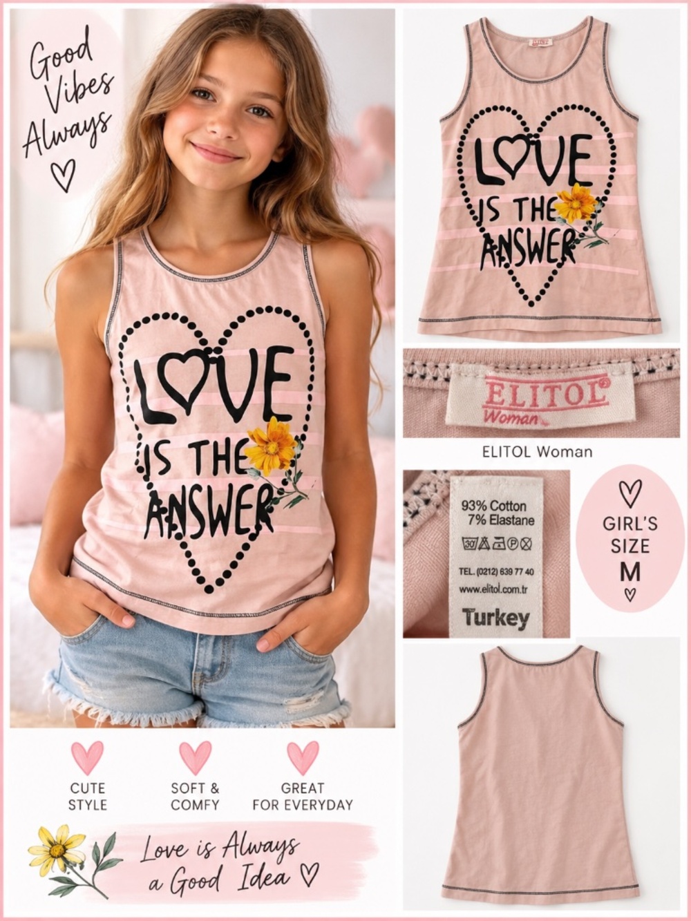 Girls’ Pink “Love Is the Answer” Tank Top – Size M